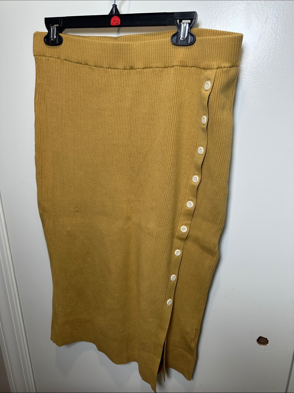 Ribbed Button-Trim Midi Skirt in Mustard (53)